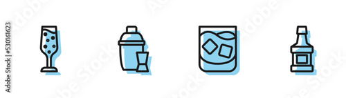 Set line Glass of whiskey, champagne, Cocktail shaker and Whiskey bottle icon. Vector