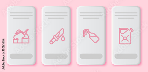 Set line Murder, Bloody knife, Cocktail molotov and Canister fuel. White rectangle button. Vector