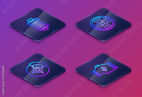 Wallpaper Mural Set Isometric line Car air filter, brake disk with caliper, Alloy wheel and Check engine. Blue square button. Vector Torontodigital.ca