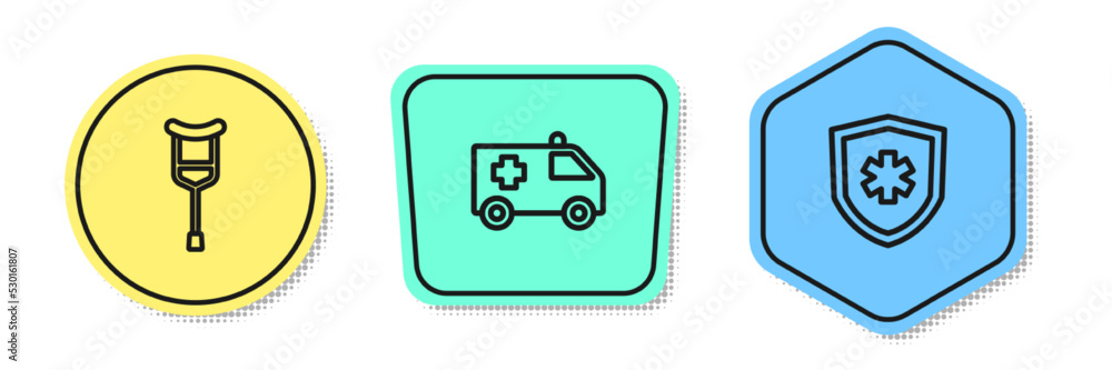 Set line Crutch or crutches, Ambulance car and Life insurance. Colored shapes. Vector