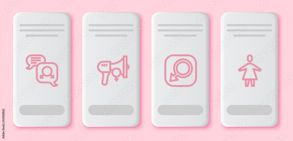 Set line Gender equality, Feminist activist, Male gender and Female. White rectangle button. Vector