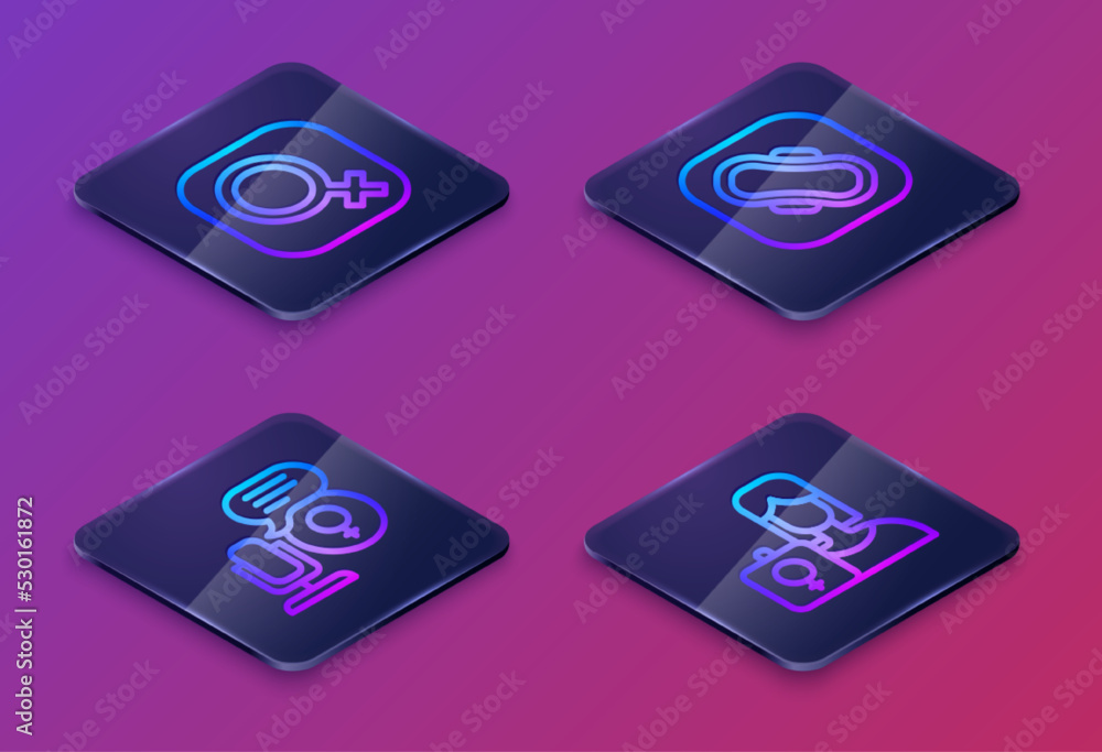 Set Isometric line Female gender, Microphone, Sanitary napkin and Feminist activist. Blue square button. Vector Set Isometric line Female gender, Microphone, Sanitary napkin and Feminist activist. Blue square button. Vector
