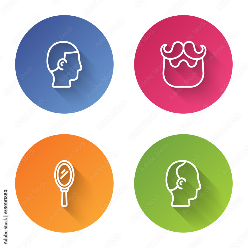 Set line Hairstyle for men, Mustache and beard, Hand mirror and Baldness. Color circle button. Vector Set line Hairstyle for men, Mustache and beard, Hand mirror and Baldness. Color circle button. Vector