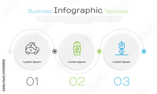 Set line Charging car at home, Battery charge and parking electric. Business infographic template. Vector