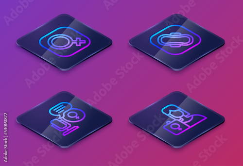 Wallpaper Mural Set Isometric line Female gender, Microphone, Sanitary napkin and Feminist activist. Blue square button. Vector Torontodigital.ca