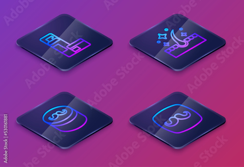 Set Isometric line Shaving gel foam, Gel or wax for hair styling, Oil care treatment and Barbershop. Blue square button. Vector