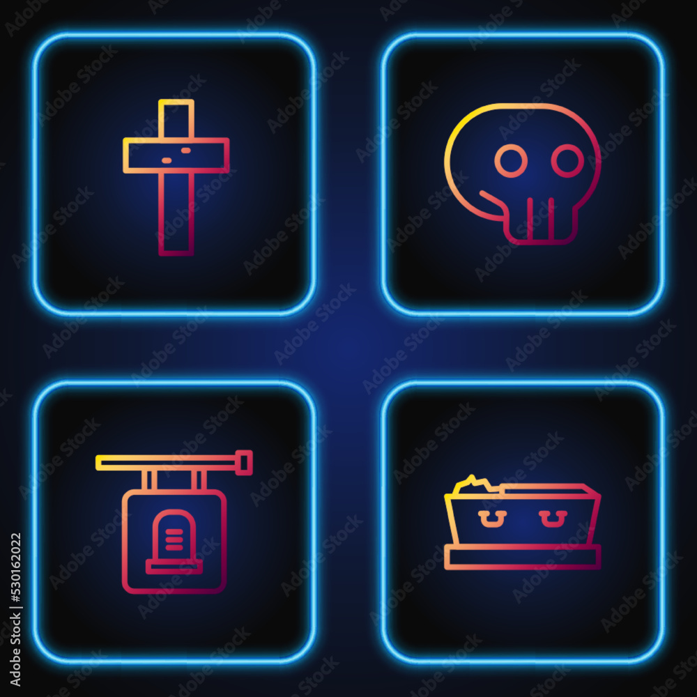 Set line Coffin with dead, Signboard tombstone, Christian cross and Skull. Gradient color icons. Vector Set line Coffin with dead, Signboard tombstone, Christian cross and Skull. Gradient color icons. Vector