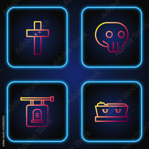 Set line Coffin with dead, Signboard tombstone, Christian cross and Skull. Gradient color icons. Vector