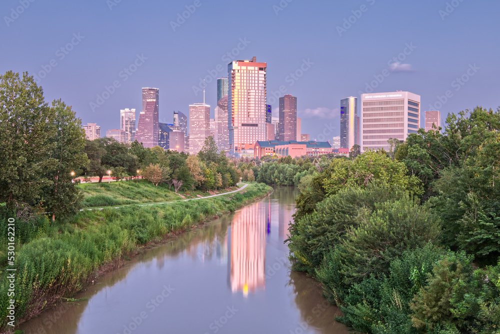 Houston Skyline Reflected in Bayou During Twilight