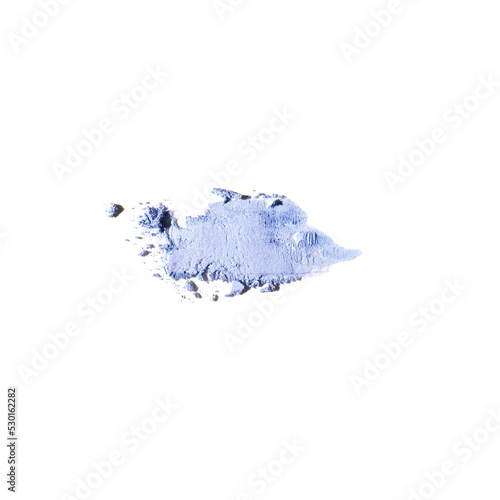 Crushed blue eyeshadow swatch isolated on white background. Abstract sample of blue cosmetic clay, blush or eye shadow, beauty make up cosmetics texture products.