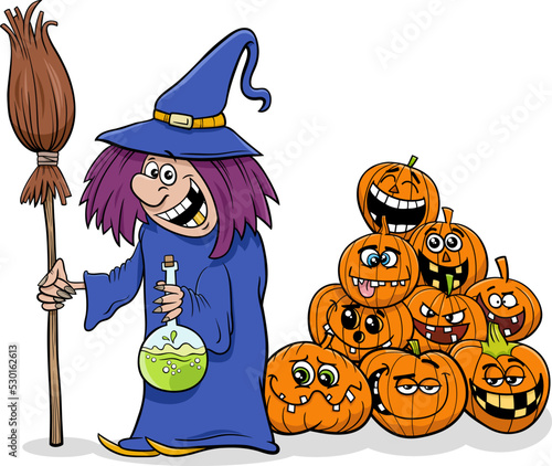 cartoon witch with broom and pile of Halloween pumpkins
