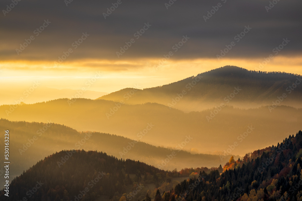 Beautiful sunrise in the mountainous landscape. The Mala Fatra national park in northwest of Slovakia, Europe. Beautiful sunrise in the mountainous landscape. The Mala Fatra national park in northwest of Slovakia, Europe.