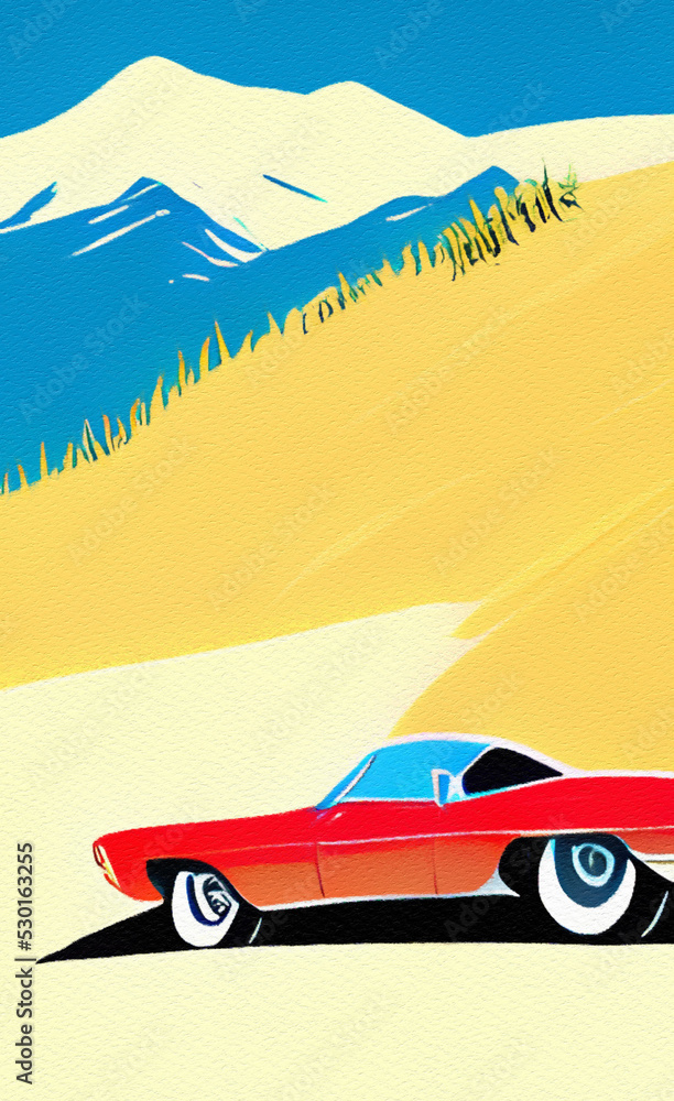 Retro red sport car riding on the road and mountains landscape on background. Mountain road and vintage car retro style flat illustration in minimalist style. Old american artwork style. Poster print Retro red sport car riding on the road and mountains landscape on background. Mountain road and vintage car retro style flat illustration in minimalist style. Old american artwork style. Poster print