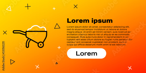 Line Wheelbarrow with dirt icon isolated on yellow background. Tool equipment. Agriculture cart wheel farm. Colorful outline concept. Vector