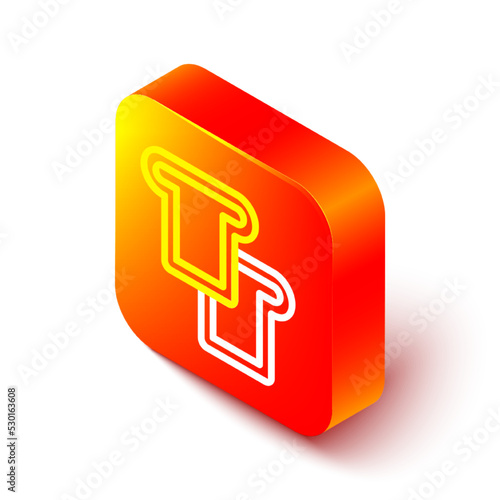 Isometric line Bread toast for sandwich piece of roasted crouton icon isolated on white background. Lunch, dinner, breakfast snack. Orange square button. Vector