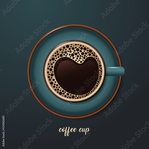 A cup of strong coffee with heart-shaped foam. Dark tone background. top view