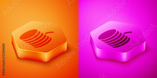 Isometric Plastic filament for 3D printing icon isolated on orange and pink background. Hexagon button. Vector