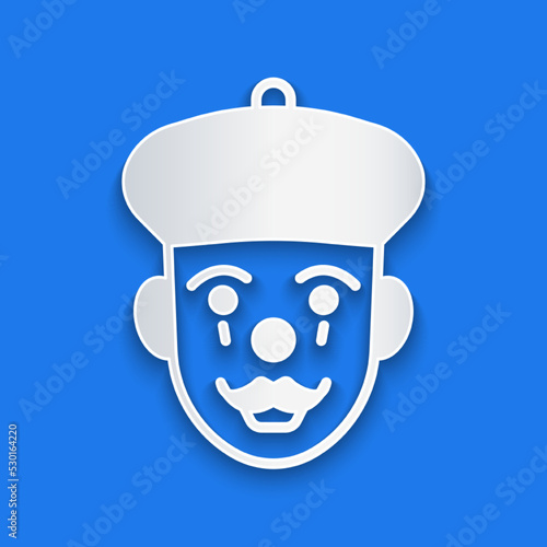 Paper cut French mime icon isolated on blue background. Paper art style. Vector