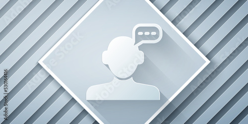 Paper cut Online psychological counseling distance icon isolated on grey background. Psychotherapy, psychological help, psychiatrist online consulting. Paper art style. Vector