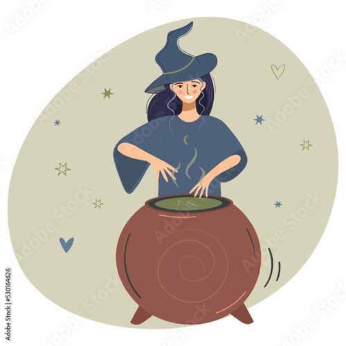 A young beautiful witch conjures over a cauldron with a potion. Witch Alchemy. A caricature image of a sorceress. Halloween holiday witchcraft flat vector illustration isolated on dark background