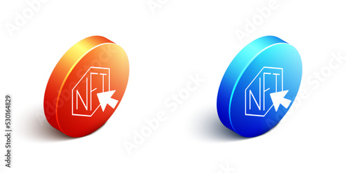 Isometric NFT Digital crypto art icon isolated on white background. Non fungible token. Orange and blue circle button. Vector