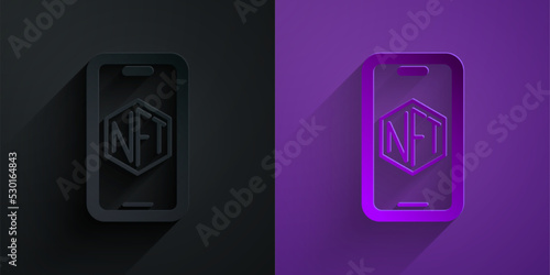 Paper cut Mobile with art store app icon isolated on black on purple background. Technology of selling NFT tokens for cryptocurrency. Non fungible token. Paper art style. Vector