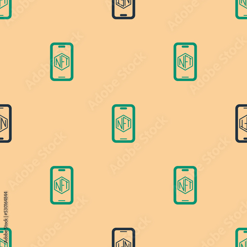 Green and black Mobile with art store app icon isolated seamless pattern on beige background. Technology of selling NFT tokens for cryptocurrency. Non fungible token. Vector