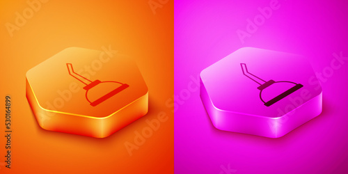 Isometric Canister for motor machine oil icon isolated on orange and pink background. Oil gallon. Oil change service and repair. Hexagon button. Vector