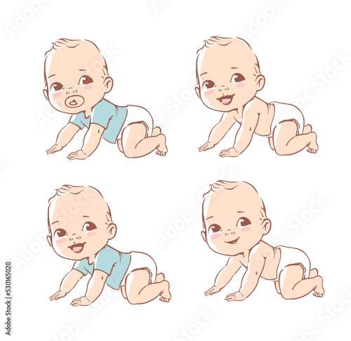 Cute little baby boy in diaper. Active baby of 3-12 months. First year baby development. Newborn crawling and smiling. Happy healthy baby Caucasian ethnic. Color vector illustration set.