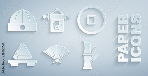 Set Paper chinese folding fan, Chinese Yuan currency, Sushi on cutting board, Bamboo, Yin Yang and hat icon. Vector