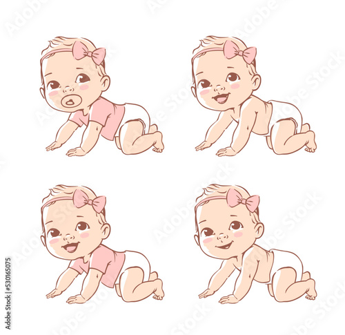 Cute little baby girl in diaper. Active baby of 3-12 months. First year baby development. Newborn crawling and smiling. Happy healthy baby Caucasian ethnic. Color vector illustration set.