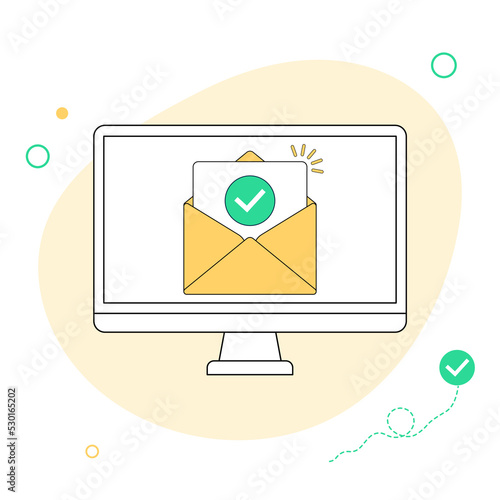 Check mark document in mail envelope. Approved email message on computer screen. Vector flat illustration