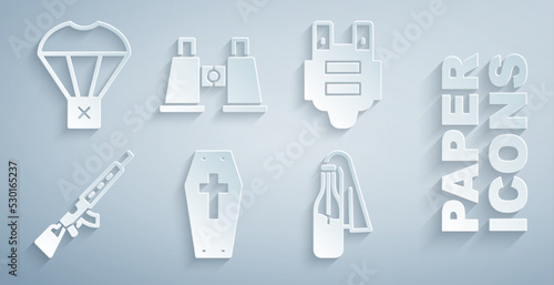 Set Coffin with cross, Bulletproof vest, Sniper rifle scope, Cocktail molotov, Binoculars and Box flying on parachute icon. Vector