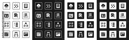 Set Server, Data report, Search concept with folder, Broken file, Cloud computing lock, Data, Web Hosting, stream, technology data transfer and Hierarchy organogram chart icon. Vector