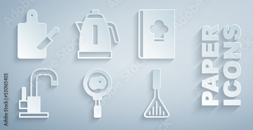 Set Fried eggs on frying pan, Cookbook, Water tap, Barbecue spatula, Electric kettle and Cutting board and knife icon. Vector