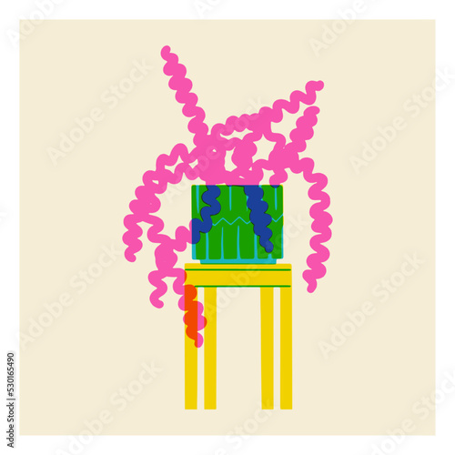 Succulent in pot in the style of risograph. Tropical houseplant with leaves. Contrast vector illustration isolated. Vector graphic drawing of palm tree in vase.