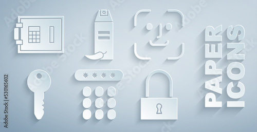 Set Password protection, Face recognition, Key, Lock, Pepper spray and Safe icon. Vector
