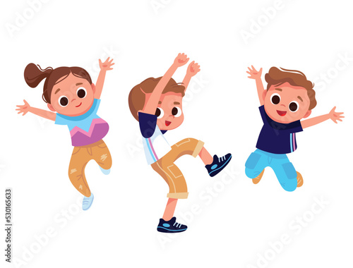 Set, group of 3 three happy children, kids dancing, jumping in different poses, dressed in casual outfit clothes. Boys, girls, creative kids. Dancing studio.