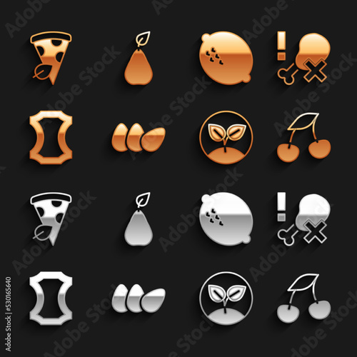 Set Chicken egg, No chicken leg, Fresh berries, Sprout, Leather, Lemon, Vegan pizza slice and Pear icon. Vector