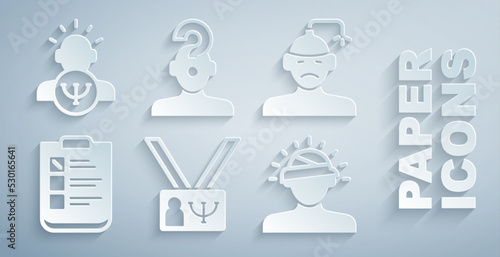 Set Psychology, Concussion, headache, Psychological test, Human with question mark and icon. Vector