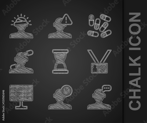 Set Old hourglass, Insomnia, Online psychological counseling, Psychology, Encephalogram, Sedative pills, Medicine or tablet and Concussion, headache icon. Vector