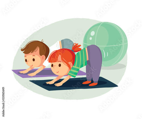 Happy kids doing morning fitness exercises, bending forward and stretching. Children exercising at home. Fitness workout exercise, healthy lifestyle sports Cartoon Flat Vector Illustration.