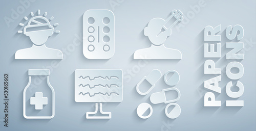 Set Encephalogram, Addiction to the drug, Sedative pills, Medicine or tablet, and Concussion, headache icon. Vector