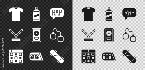 Set T-shirt, Paint spray can, Rap music, Drum machine, Skateboard, Rapper chain and CD disk award frame icon. Vector