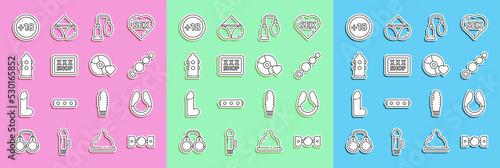 Set line Silicone ball gag with belt, Dildo vibrator, Anal beads, Penis pump, Sex shop, Condom, Plus 18 movie and Adult label compact disc icon. Vector