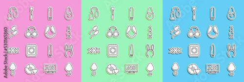 Set line Anal plug, Mask with long bunny ears, beads, Dildo vibrator, Sexy fluffy handcuffs, Sperm, Penis pump and icon. Vector