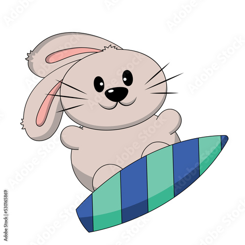 Cute Rabbit on the surfboard. Draw illustration in color photo