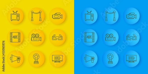 Set line Megaphone, 4k movie, tape, frame, Cinema camera, Smart display with HD video, 3D cinema glasses, Retro tv, and Carpet barriers icon. Vector