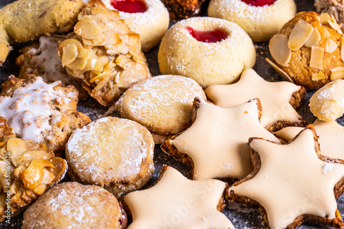 homemade, freshly baked Christmas cookies, close-up of different varieties