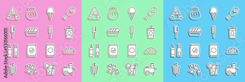 Set line Fast street food cart, Taco with tortilla, Paper glass straw, Ice cream in waffle cone, Chicken nuggets box, Fried sausage, Onigiri and Corn dog icon. Vector